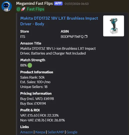 Megamind Deal Scanner result from the ITS price monitor matched to a Makita impact driver on Amazon