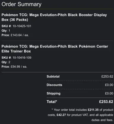Member order summary showing a £253.62 order