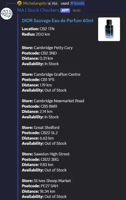 Real Mastermind Stock Checker results for nearby Boots stores